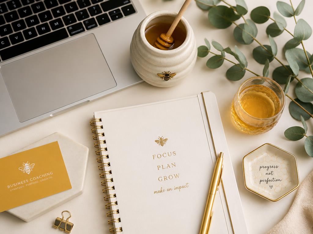 BEE Consultation: business coaching workspace with notebook, honey, and eucalyptus