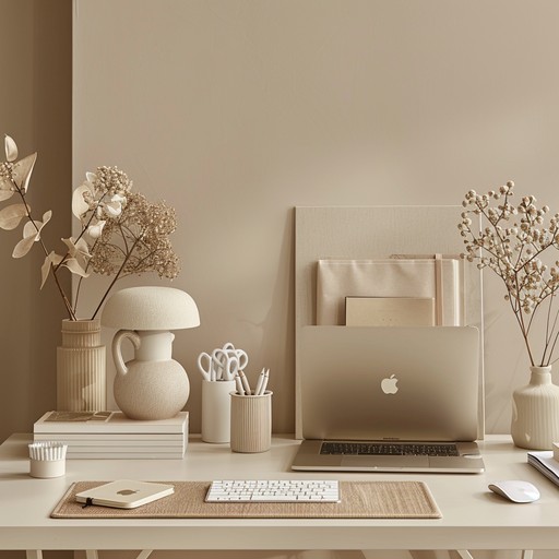 A minimalist styled desk with a laptop, keyboard, and dried flowers