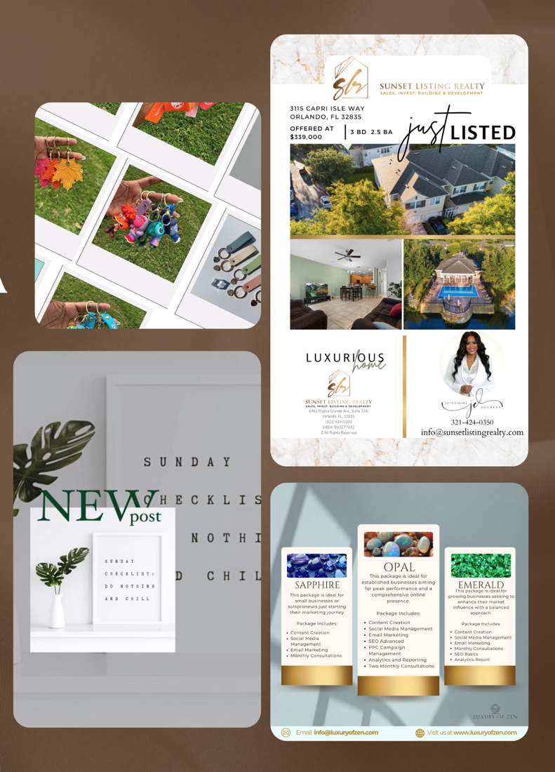 A spread of portfolio project thumbnails — flyers, social posts, and brand graphics
